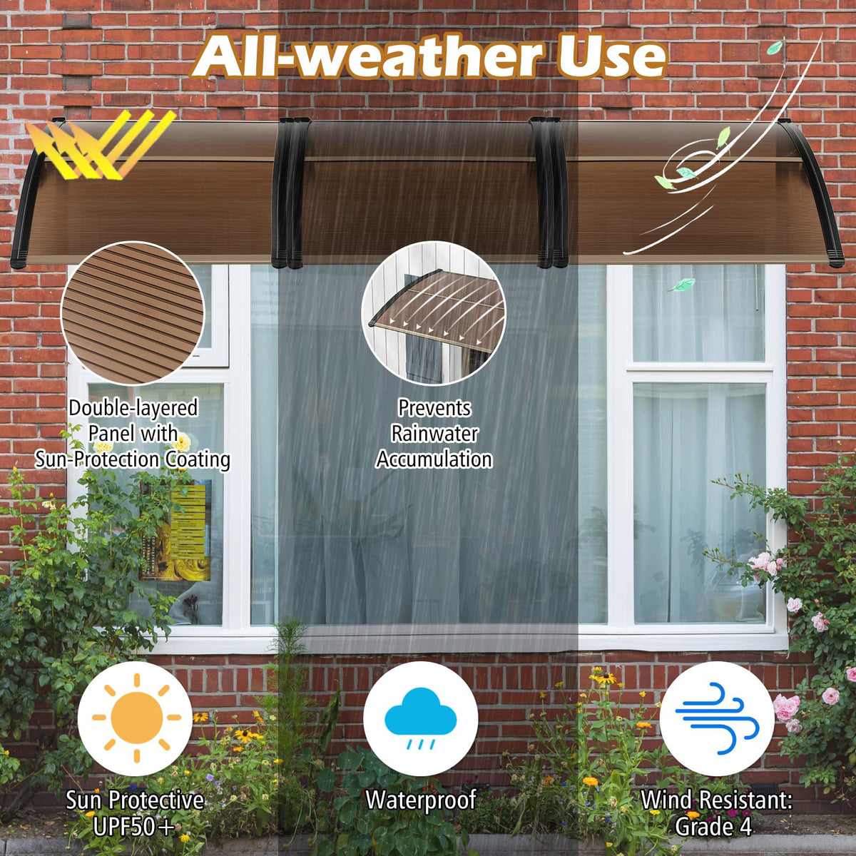 Lucktree 30" x 39" Window Awning with Hollow Sheet for Rain Snow Sunlight Protection