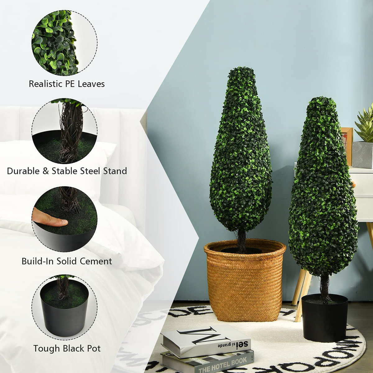 Lucktree 3ft Artificial Boxwood Tower Topiary Trees, 2 Pack Faux Decorative Plants in Cement-Filled Plastic Pot - LucktreeUS