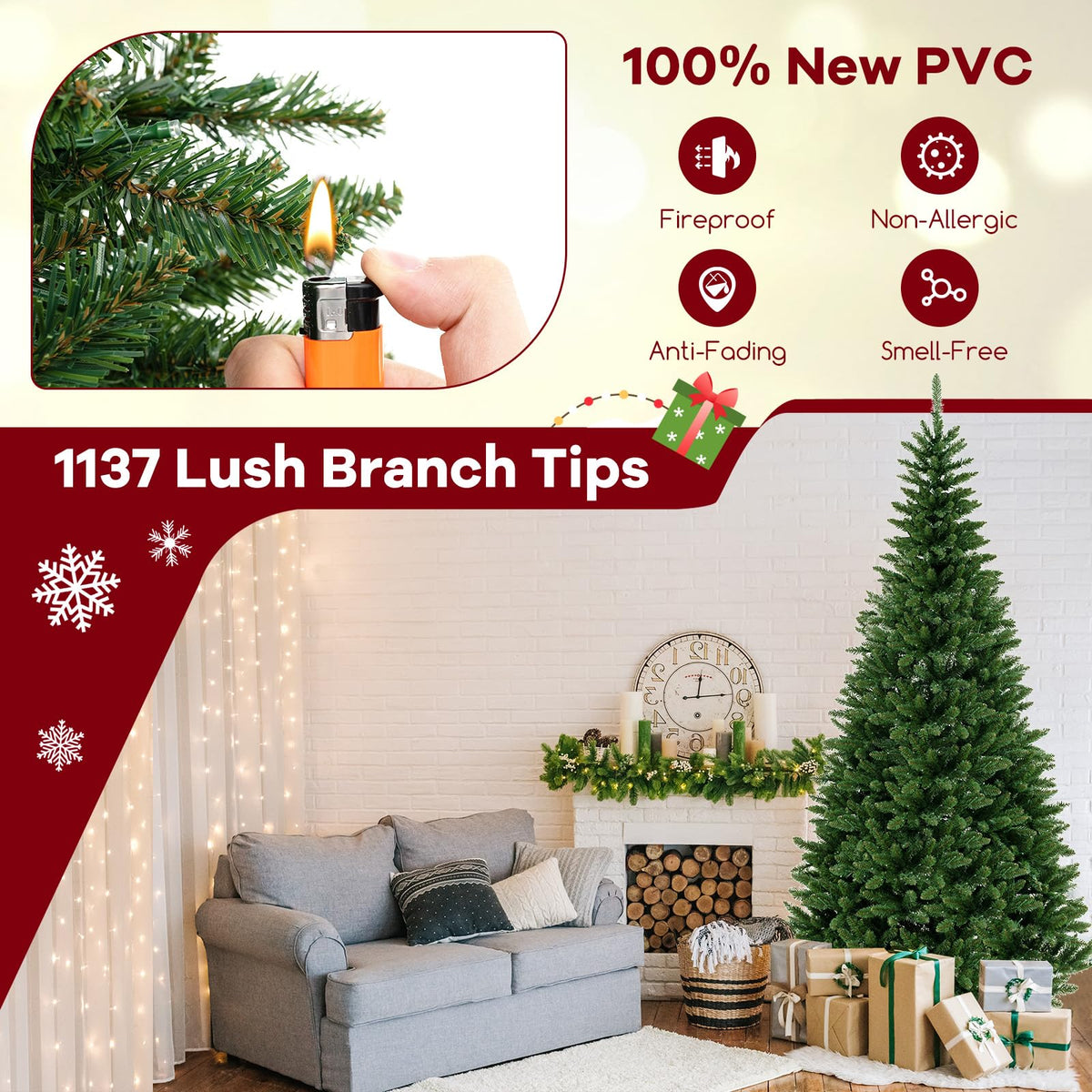 Lucktree 8 FT 270° Pre-Lit Corner Christmas Tree for Wall, Artificial Hinged Xmas Tree with 360 Warm White LED Lights