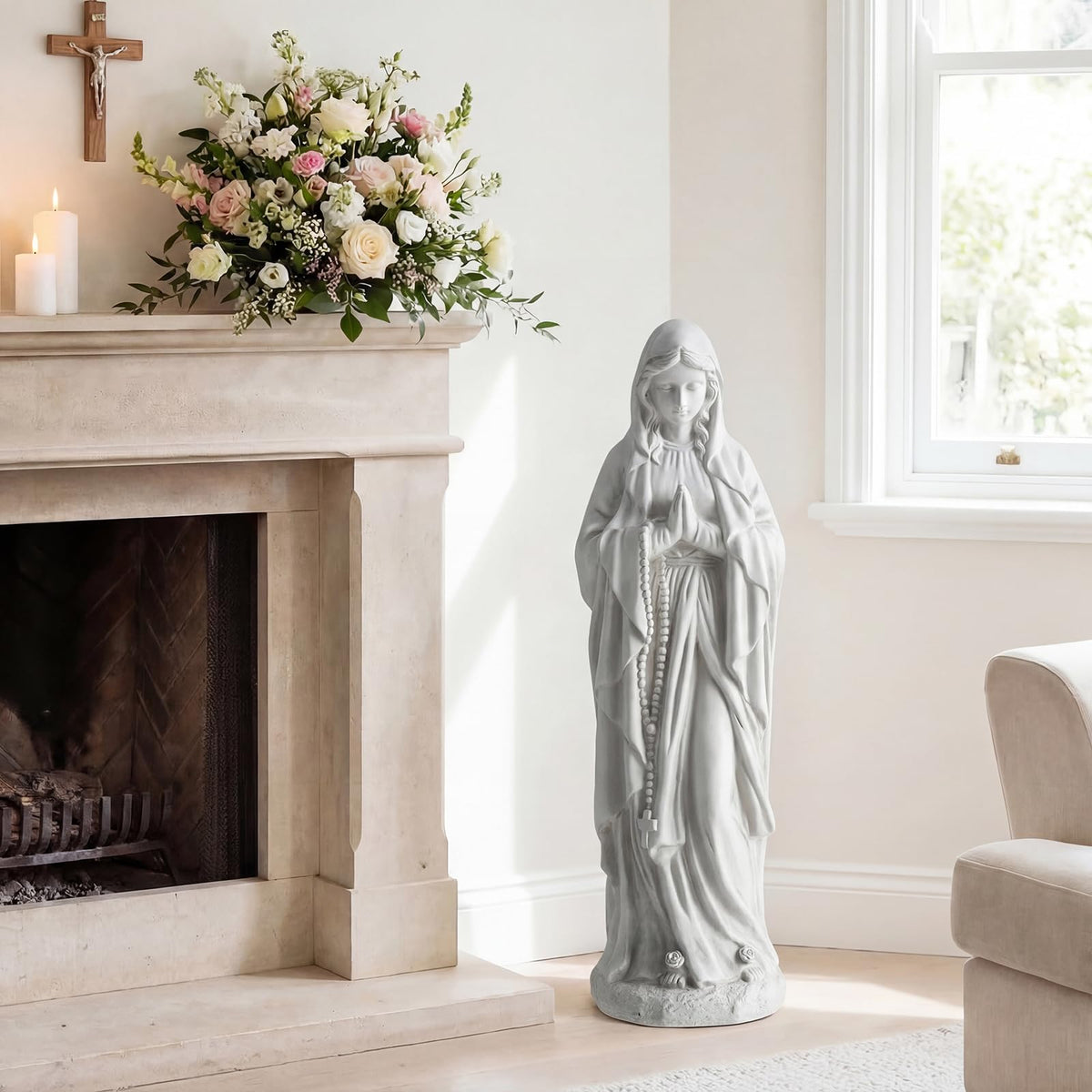 Lucktree Virgin Mary Praying Statue 29.5" | Blessed Mother Outdoor Religious Statue with Rosary Beads