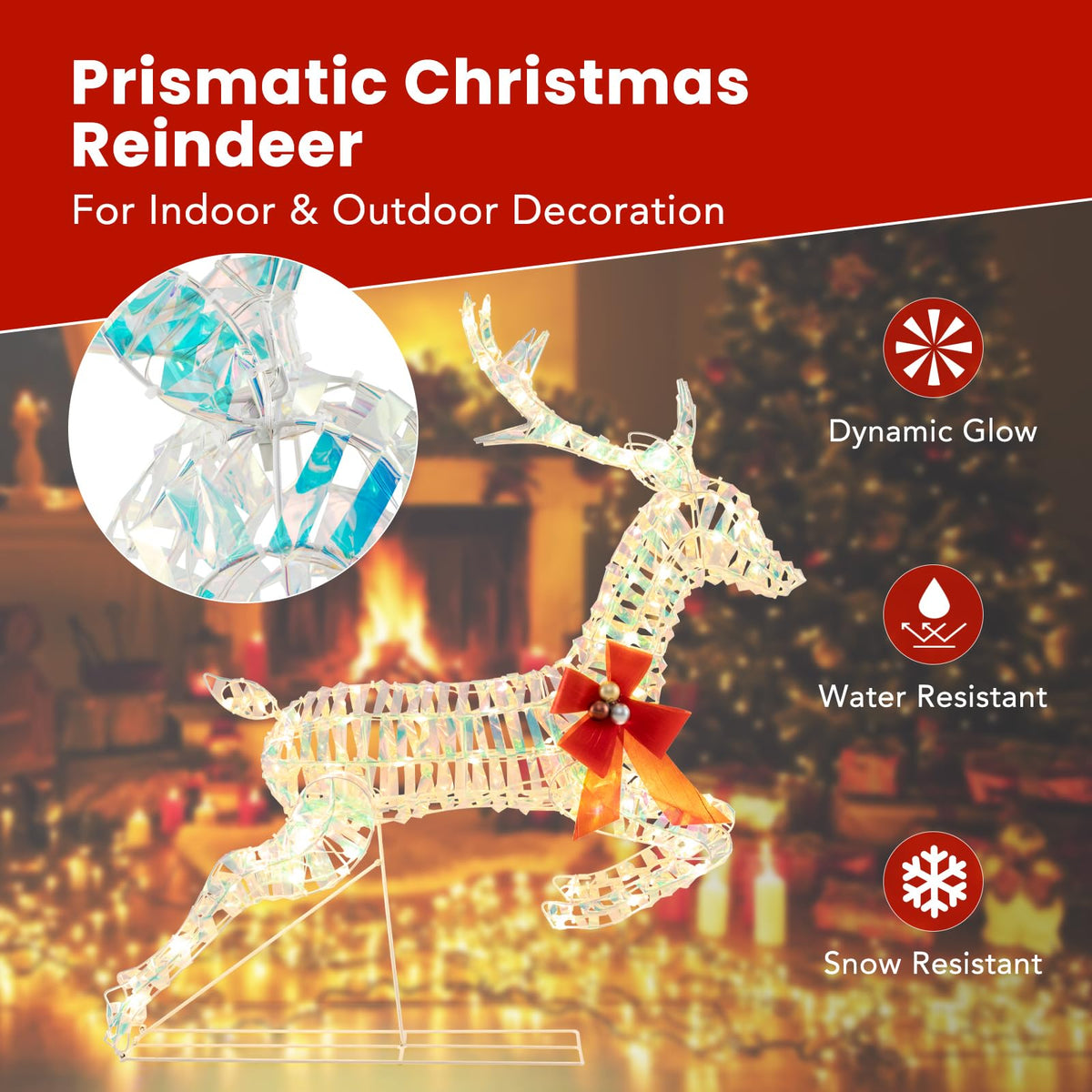Lucktree Christmas Lighted Reindeer, Set of 3 Reindeer Decorations with LED Lights and Red Bows