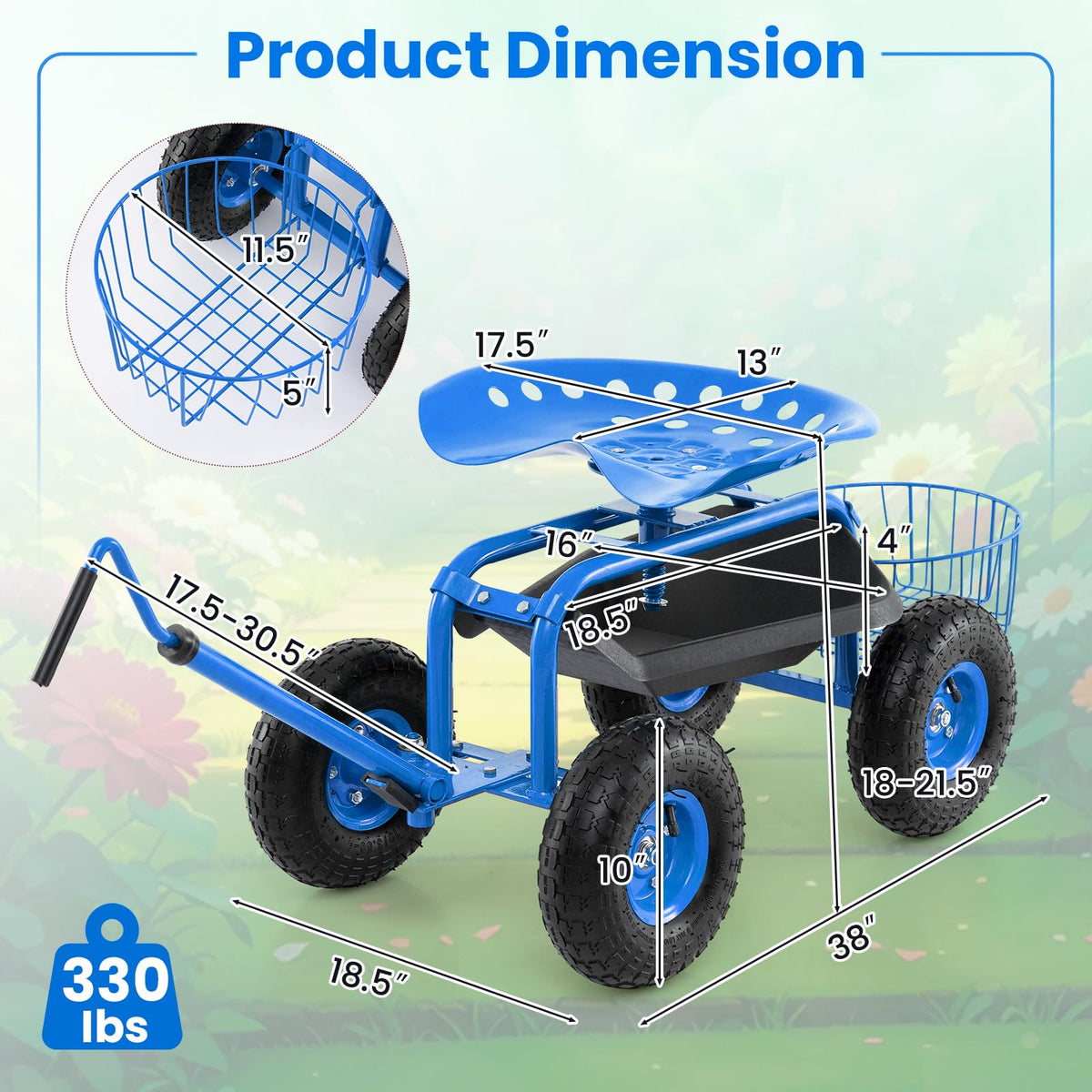 Lucktree Garden Cart, 4-Wheel Gardening Workseat with Storage Basket
