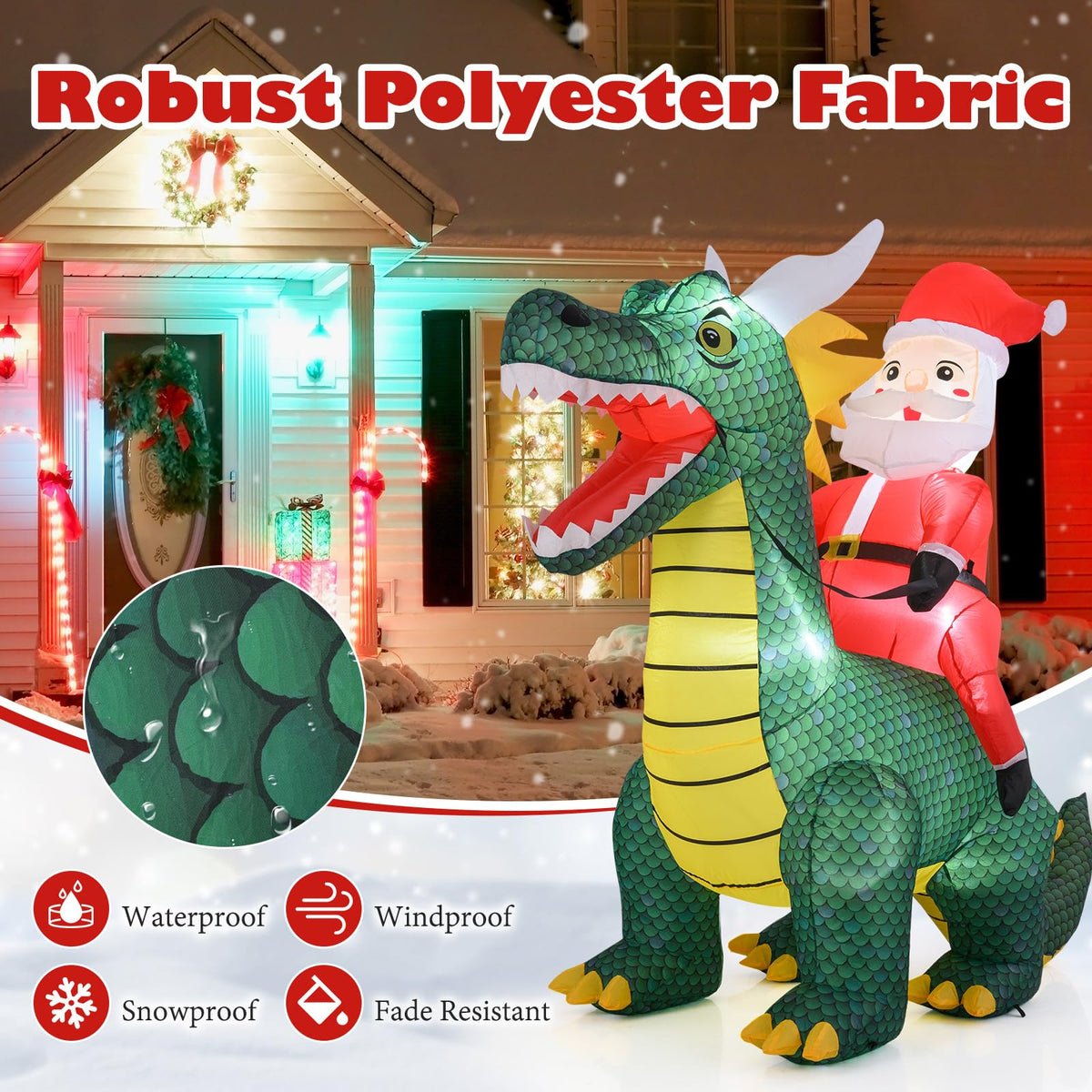 Lucktree 6.7 FT Inflatable Christmas Santa Claus Riding Dinosaur Decoration with Lights Stakes