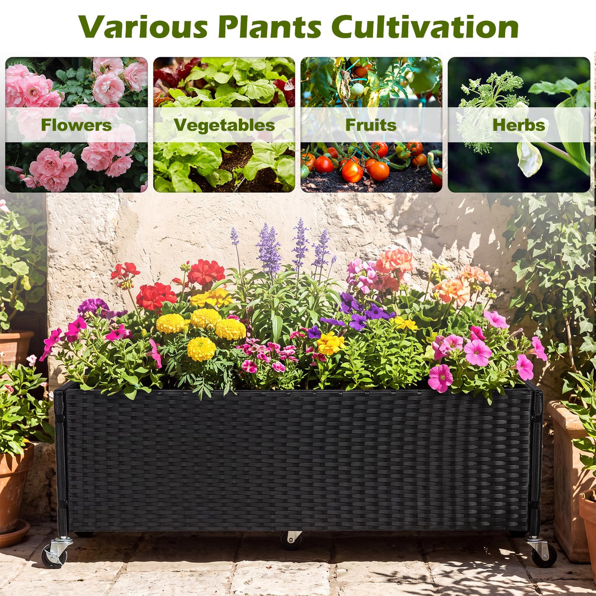 Lucktree 38"x12"x14" Wicker Raised Garden Bed w/Wheels (1/2)