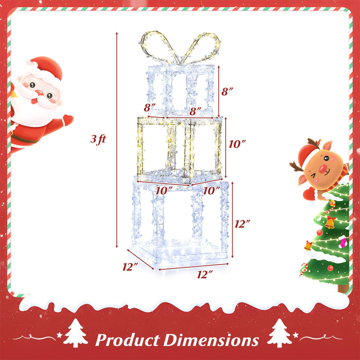 Lucktree Stacked Lighted Gift Boxes Set of 3 Pre-Lit Christmas Present Box Lights