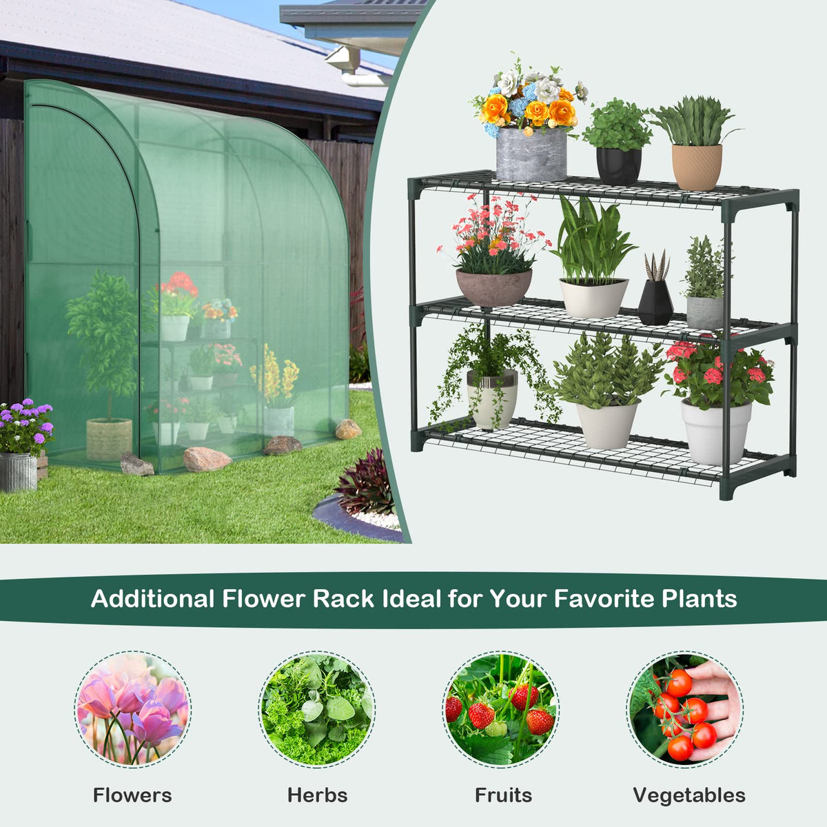 Lucktree Walk-in Lean-to Greenhouse - with 3-Tier Plant Stand, 7’x 3.5’x 7’ Green House, PE Grid Cover