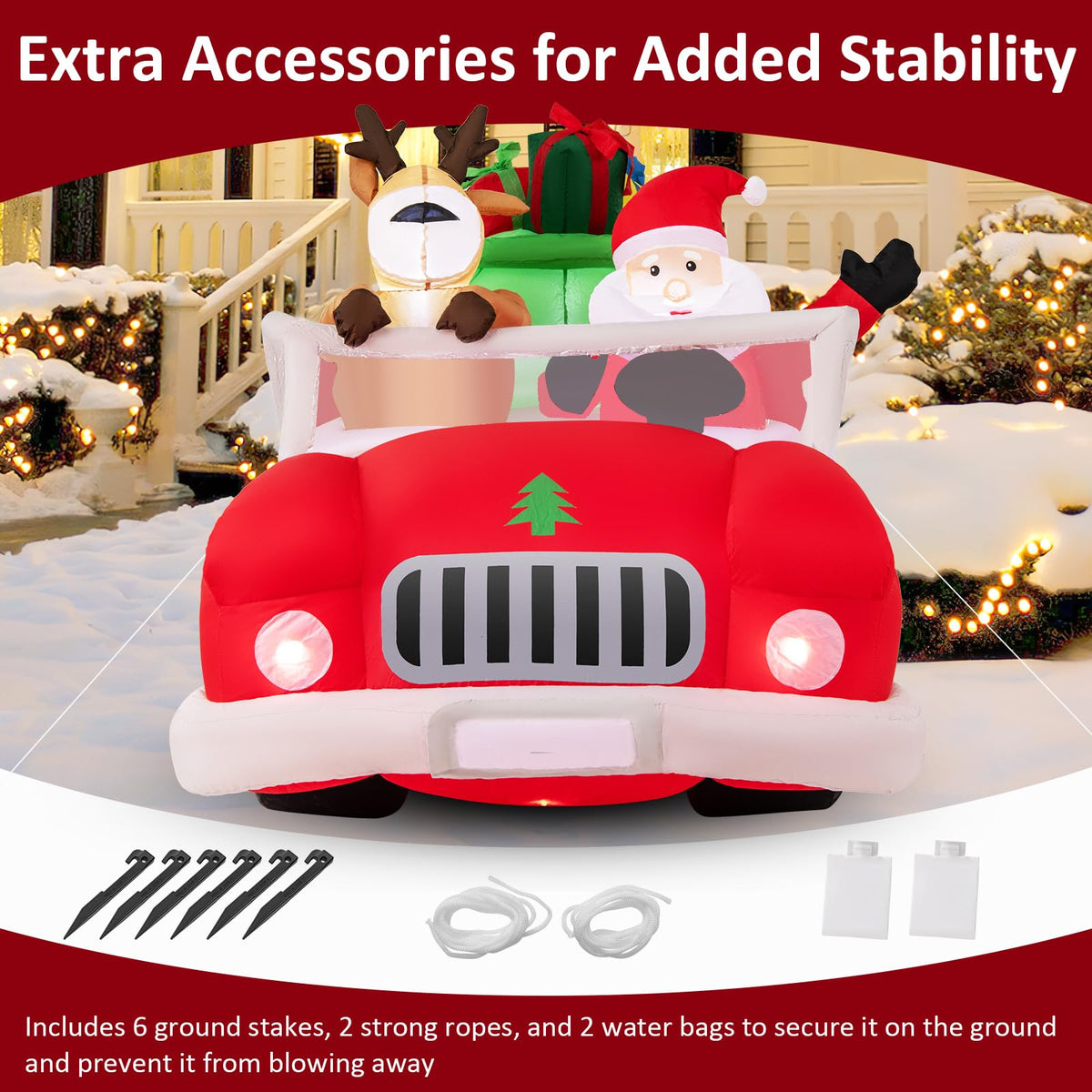 Lucktree 7.7 FT Long Lighted Xmas Inflatable Santa Claus & Reindeer Driving Red Car Gift Boxes