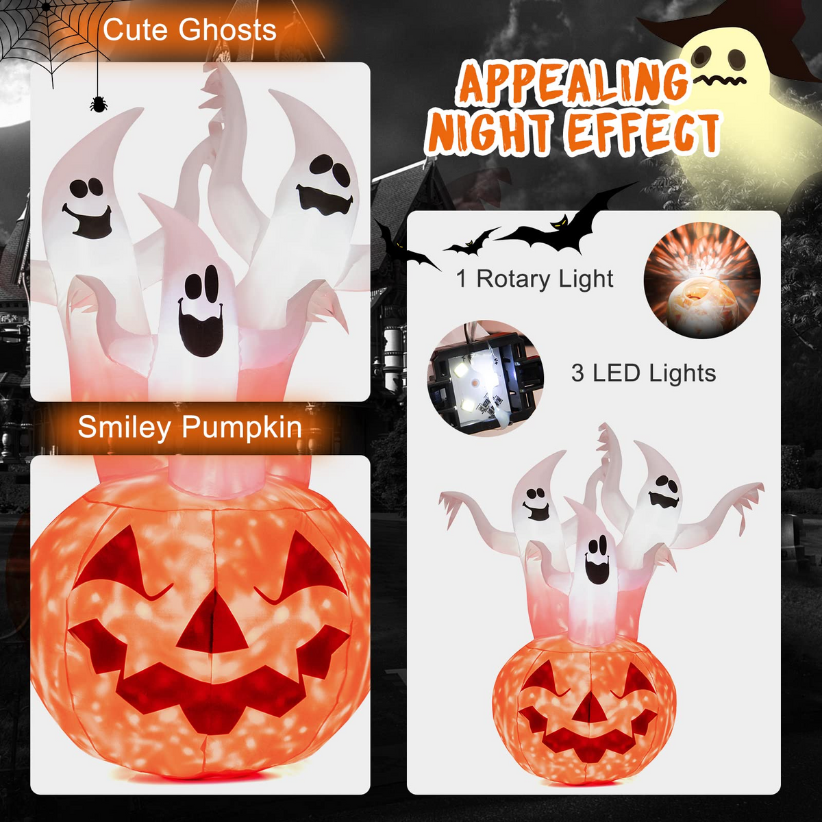 Lucktree 6 FT Inflatable Halloween 3 White Ghosts with Pumpkin, Blow-up Yard Decoration with Built-in LED Lights & Rotating Lamp