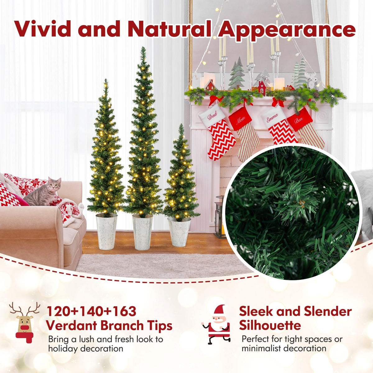 Lucktree 3' 4' 5' Pre-Lit Artificial Christmas Tree Set of 3, Slim Pencil Potted Xmas Tree with 423 Branch Tips, 230 Warm White LED Lights