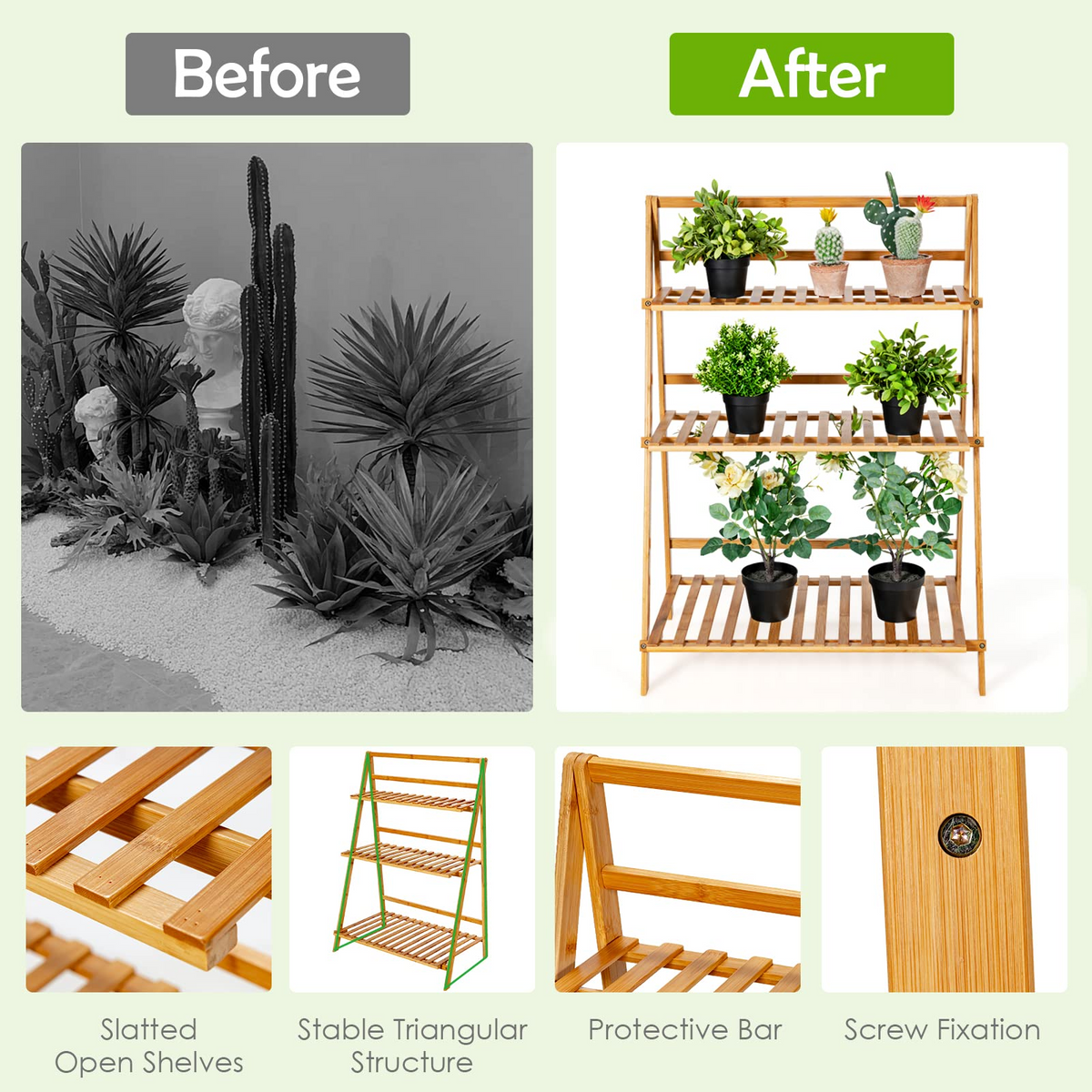 Lucktree 3 Tier Folding Storage Shelf, Bamboo Ladder Plant Stand