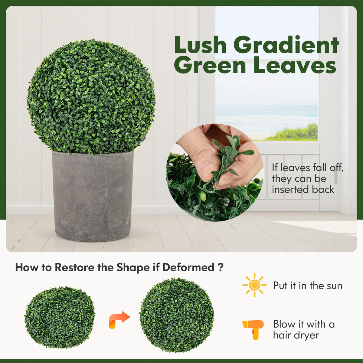 Lucktree 2 PCS 16 Inch Artificial Plant Topiary Ball, Round Faux Boxwood Balls Outdoor, Wedding and Home Décor