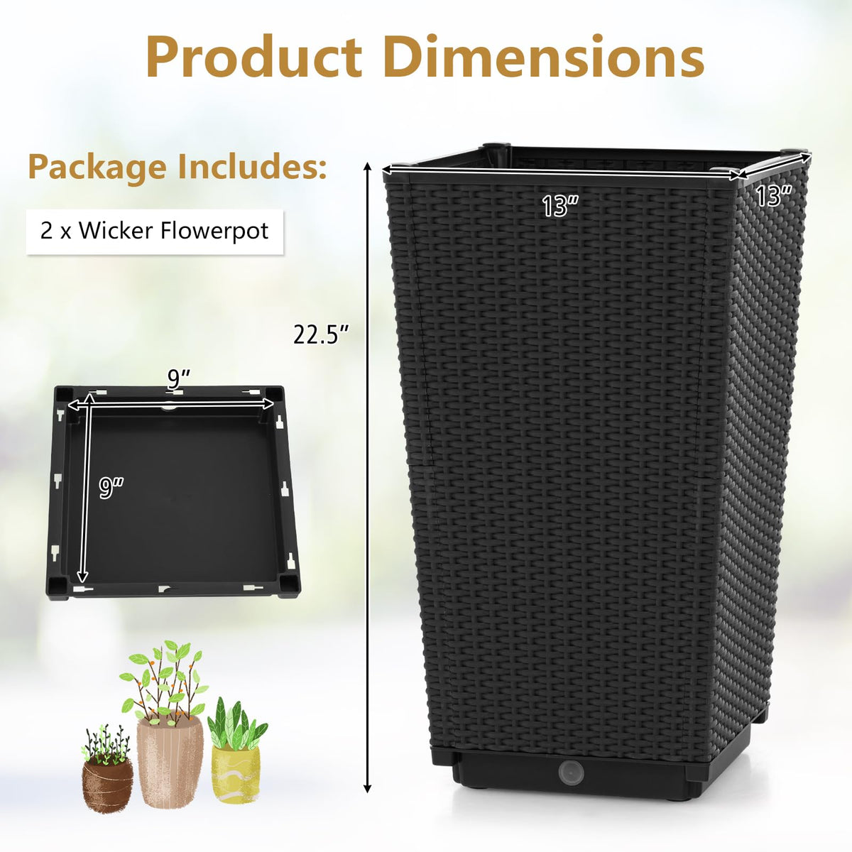 Lucktree Outdoor Wicker Flower Pot Set of 2, 22.5” Tall Planters with Drainage Hole, Self-Watering Tray