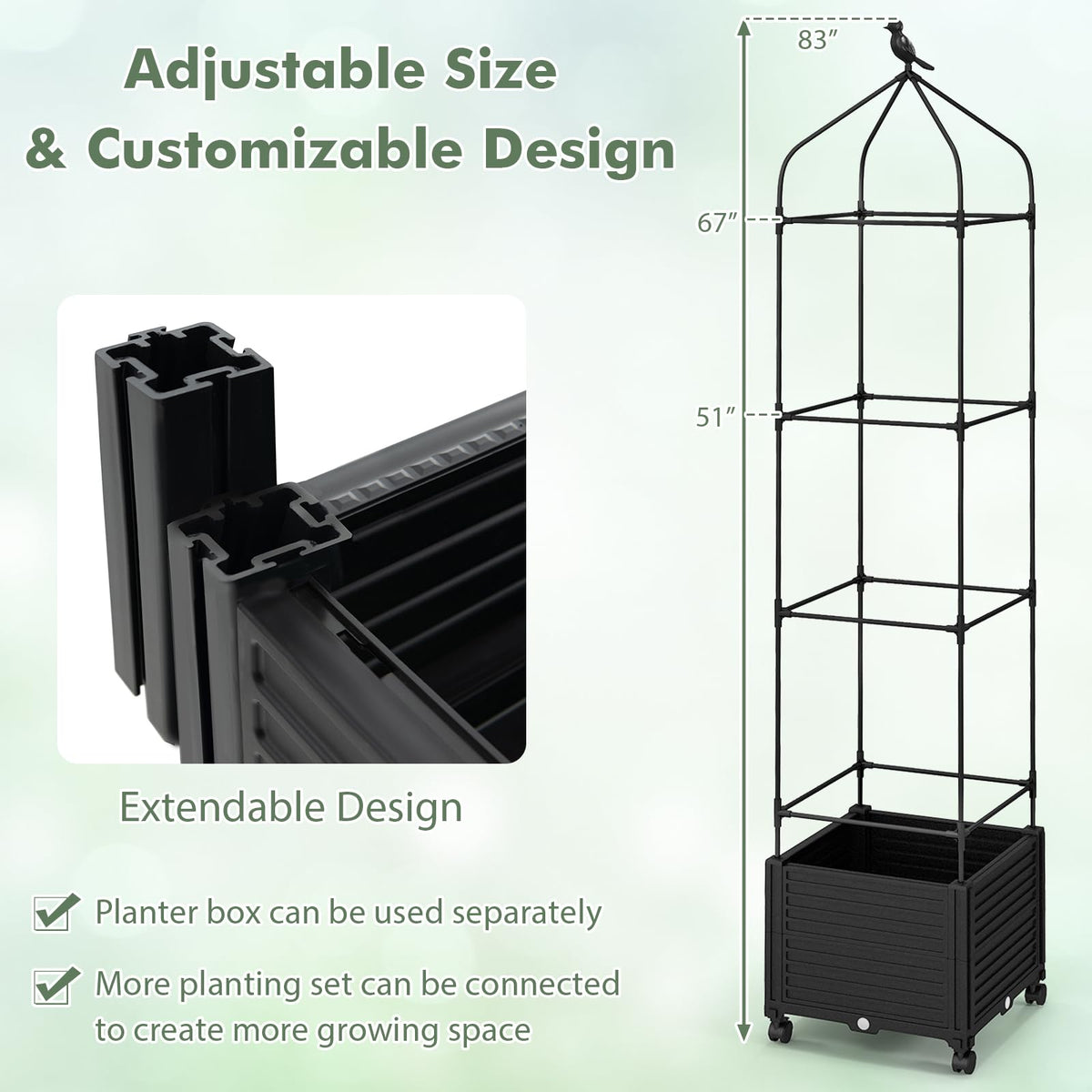 Lucktree Raised Garden Bed with Tomato Cages, Obelisk & Bird Top
