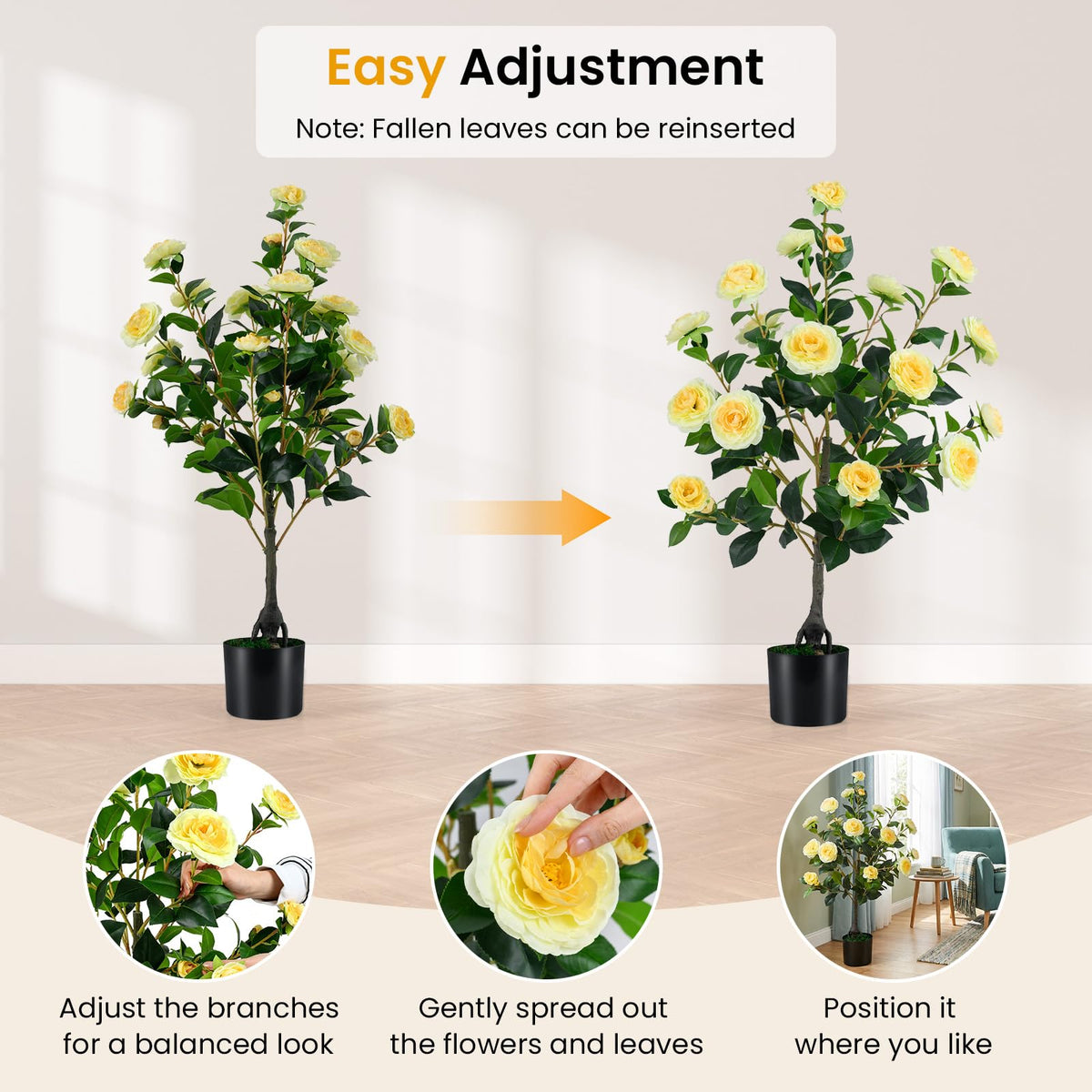 Lucktree 35.5" Artificial Camellia Tree Faux Floral Plant Blooming Tree in Cement Pot