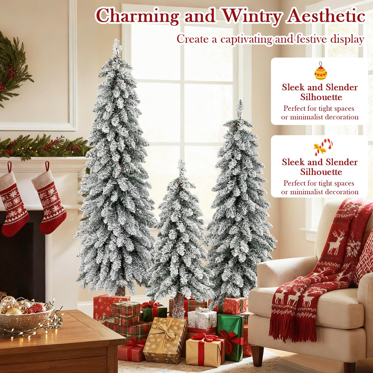 Lucktree 3' 4' 5' Pre-Lit Snow Flocked Christmas Tree Set of 3 with 300 Multicolored LED Lights