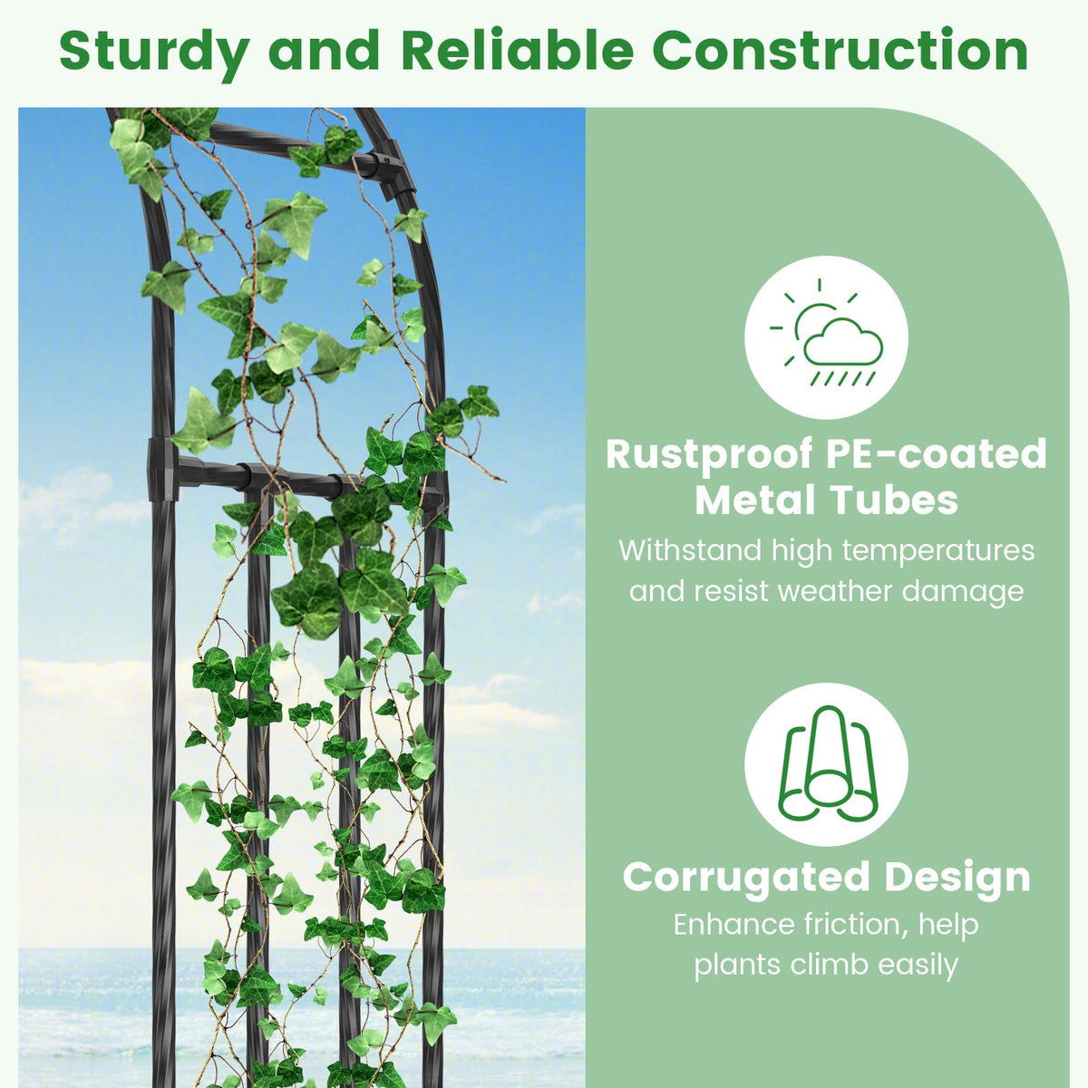 Lucktree Garden Arch Trellis, 60''W x 95''H Metal Arbor with Corrugated PE-Coated Steel Tubes for Climbing Plants Roses Ivy