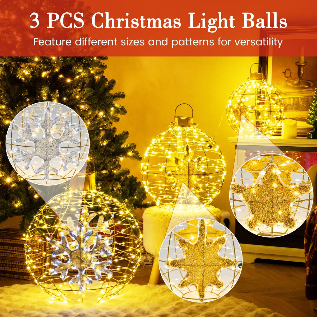 Lucktree 3 PCS Pre-Lit Lantern Balls, Hanging/Standing Christmas Ornaments with 732 Bright LED Lights, Zip Ties & Ground Stakes