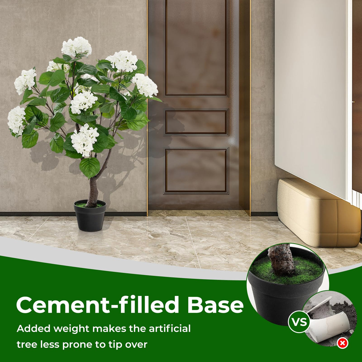 Lucktree Artificial Hydrangea Tree, 2 Pack Fake Floral Plant w/11 White Flowers & Realistic Trunk in Plastic Nursery Pot