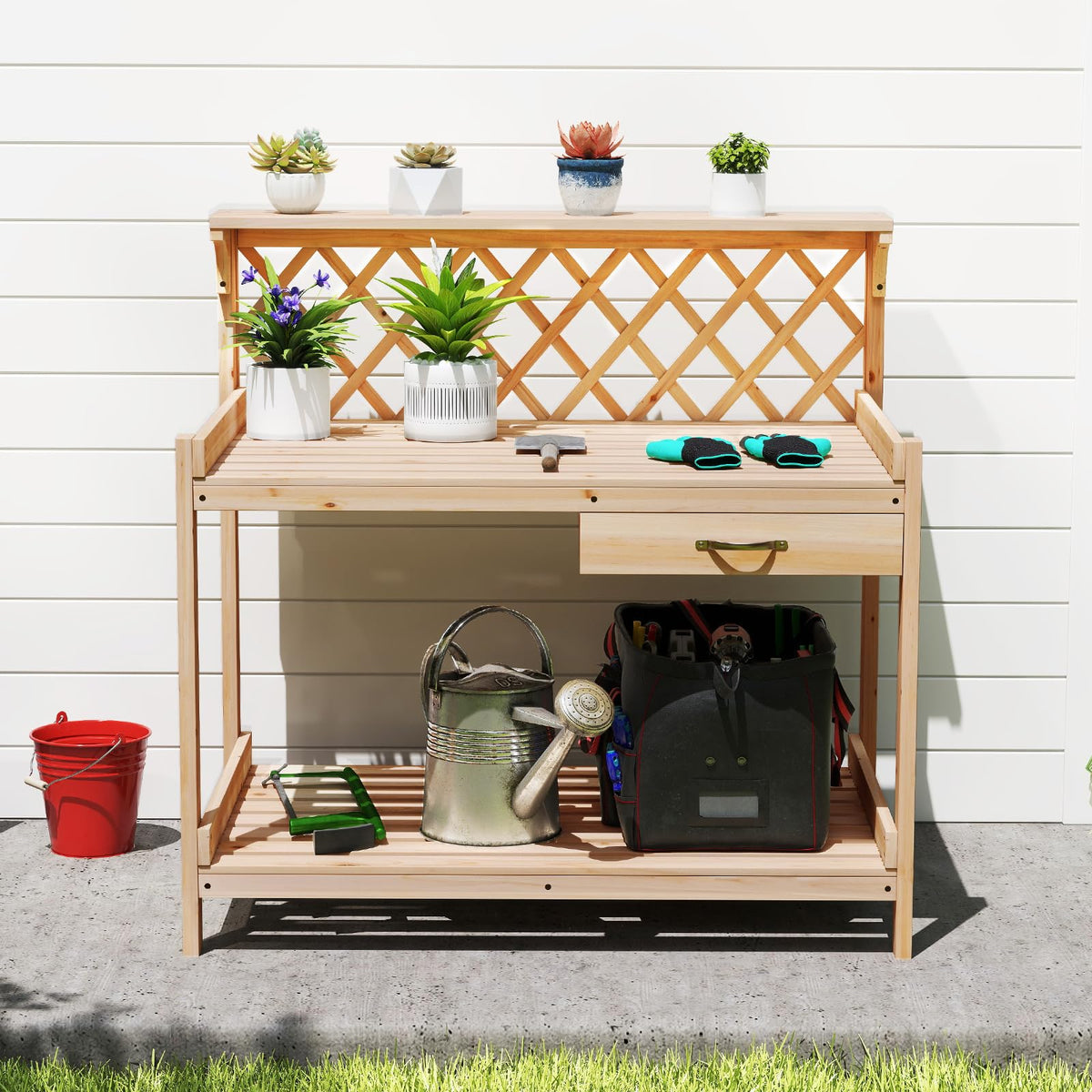 Lucktree Wood Potting Table with 3 Tier Shelves