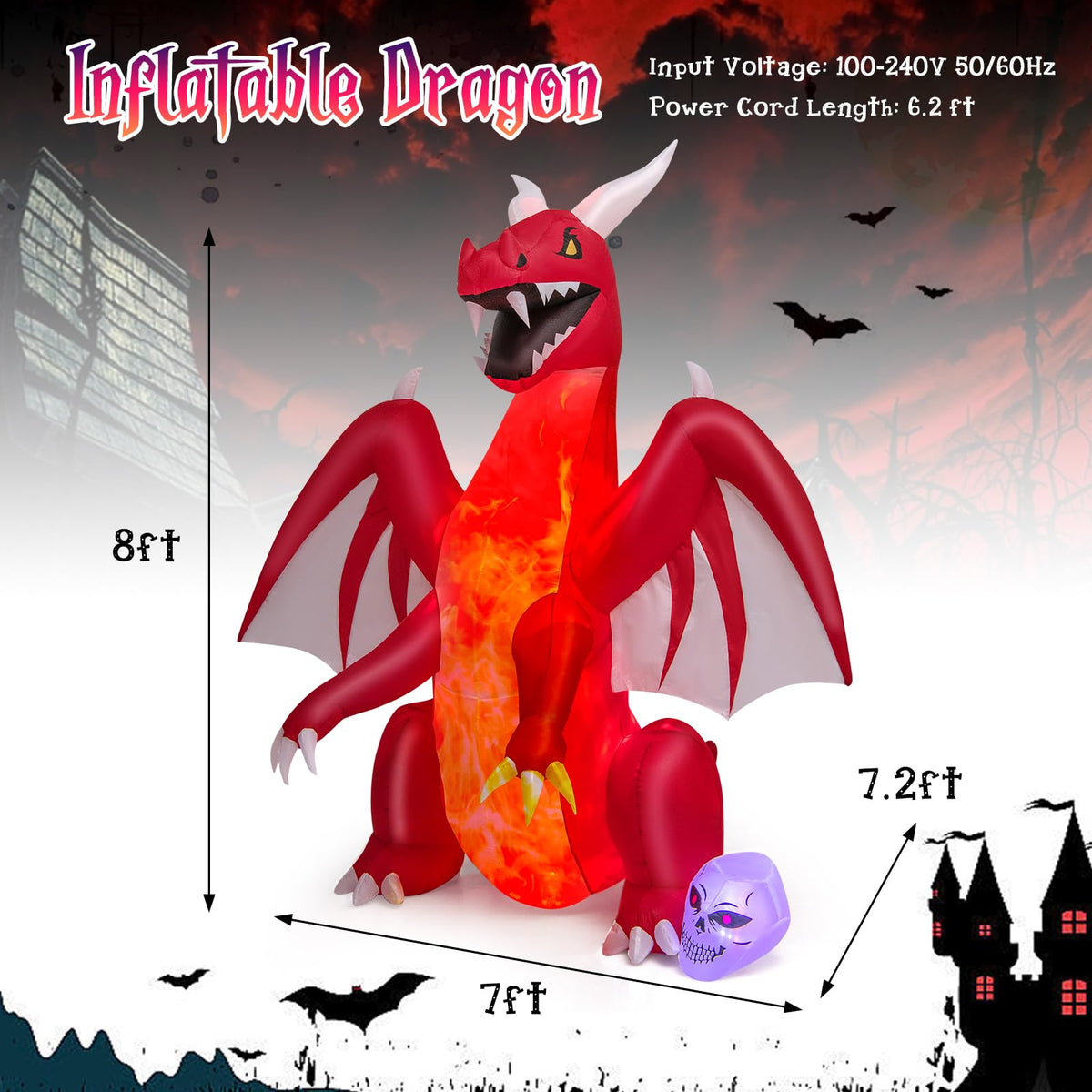 Lucktree 8 FT Halloween Inflatable Fire Dragon, Blow-up Red Dragon