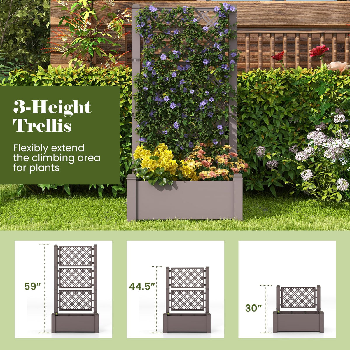 Lucktree Raised Garden Bed with Trellis 59”, Self-Watering Planter Box with Water Level Indicator & Removable Space Dividers