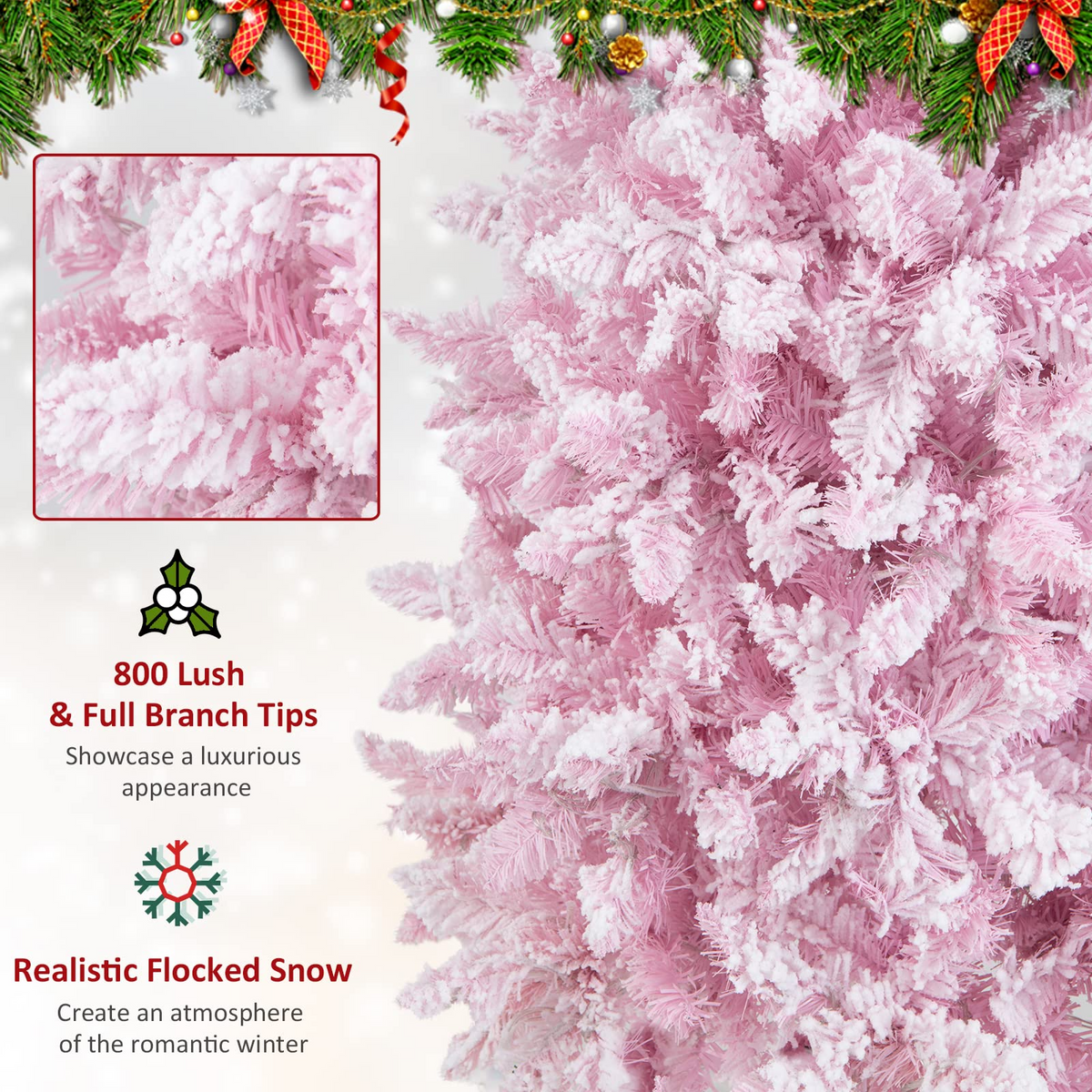 Lucktree 7ft Pre-Lit Pencil Christmas Tree, Snow Flocked Artificial Slim Tree with 800 Branch Tips - LucktreeUS