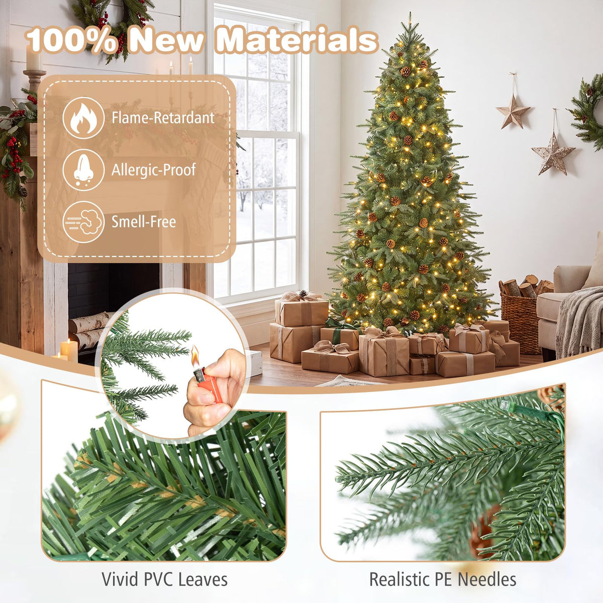 7/7.5/8 ft Pre-Lit Christmas Tree, 925 Hinged Tips with Pine Cones