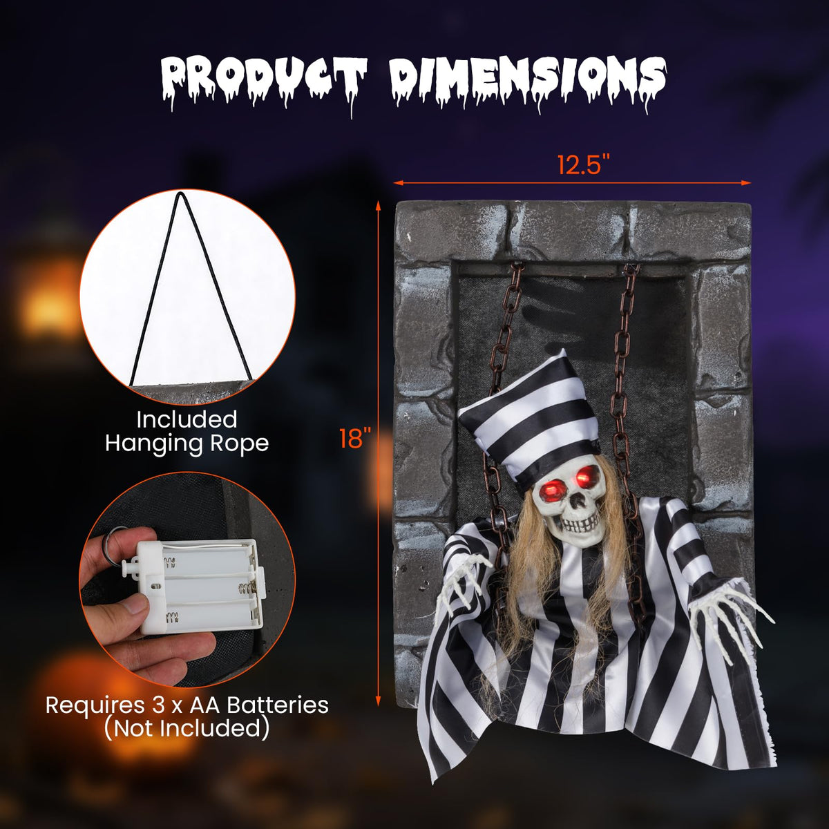 Lucktree Animated Halloween Decoration, 18” Hanging Skull Prisoner