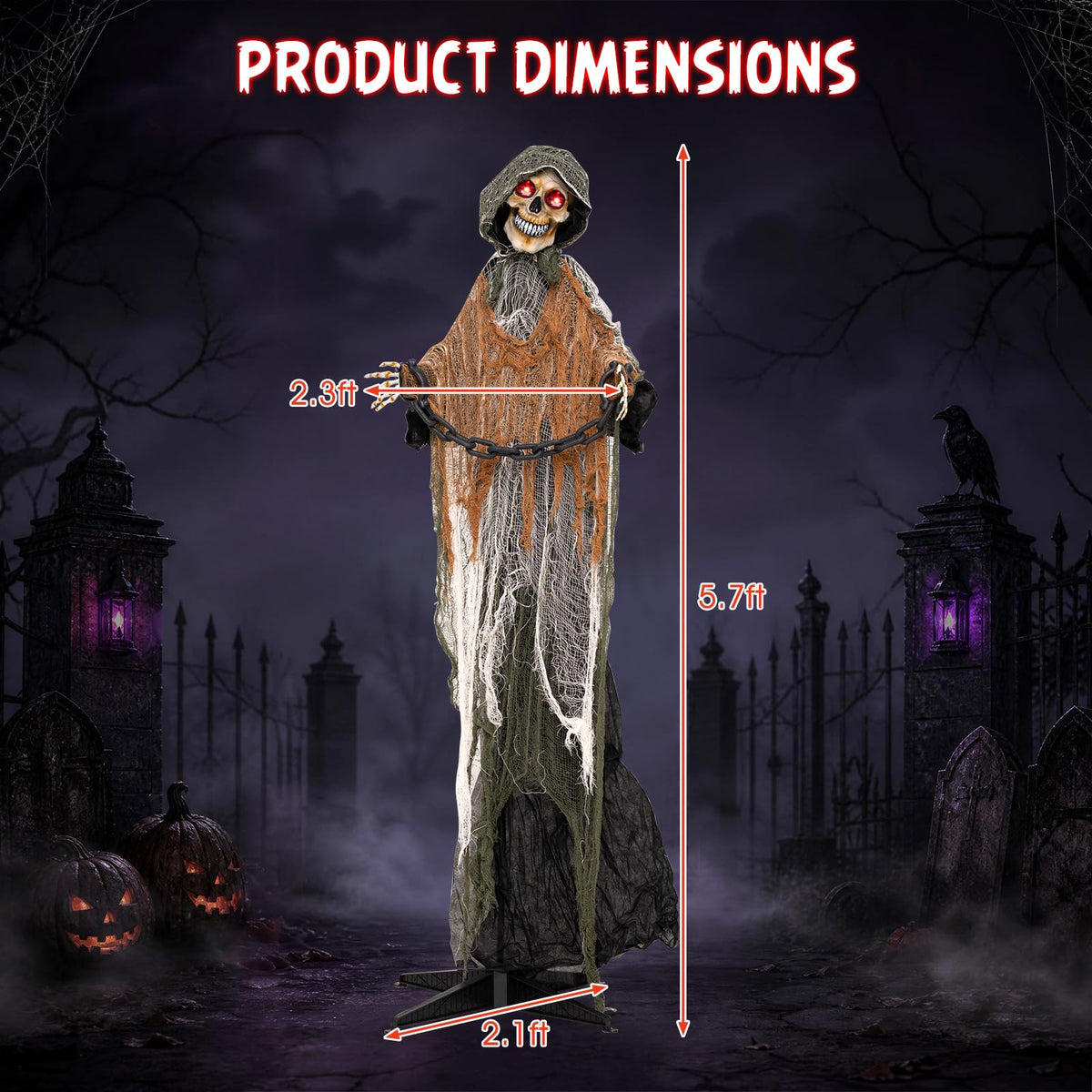 Lucktree 5.7 FT Life-Size Animated Halloween Skeleton Reaper with Chain