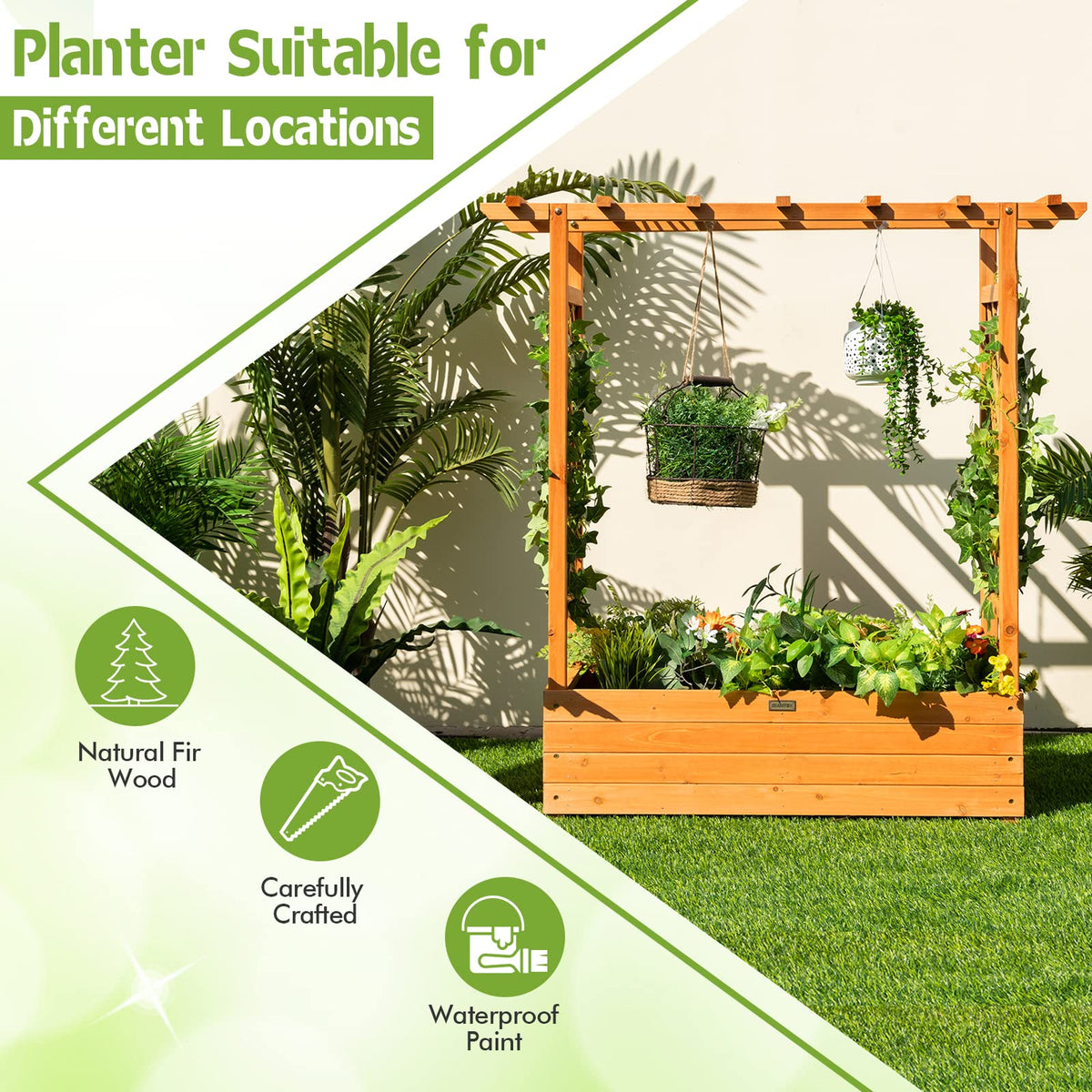 Lucktree Raised Garden Bed with Trellis, Wood Planter Box with Roof & Side Trellis, Drain Holes