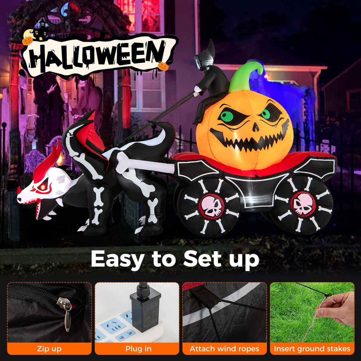 Lucktree 9 FT Halloween Inflatable Outdoor Decoration, Blow up Grim Reaper Driving Pumpkin Carriage
