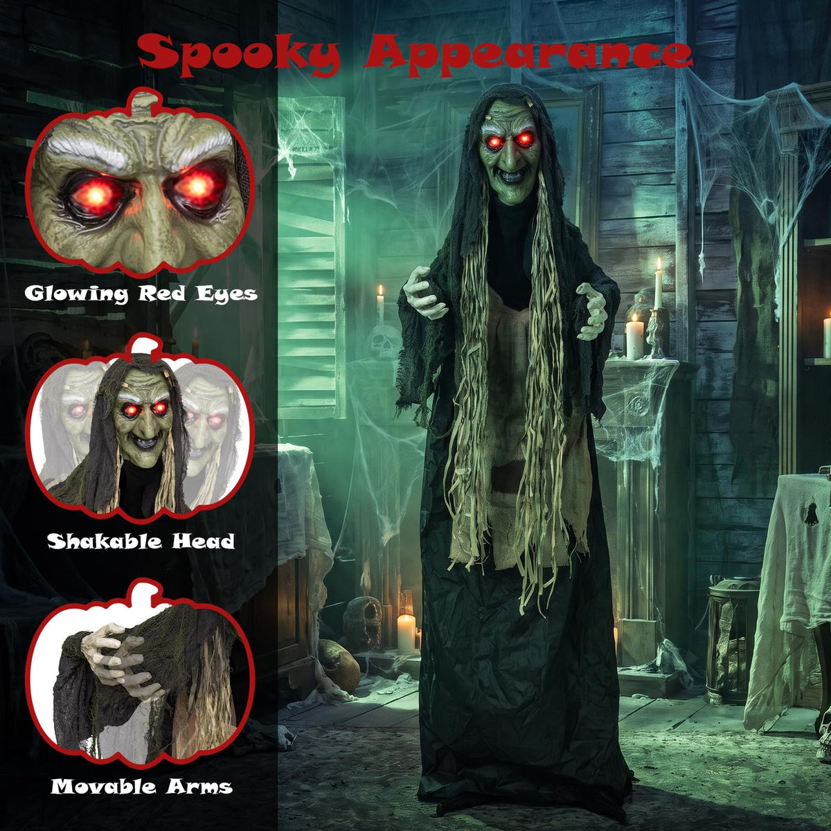 Lucktree 5.3 FT Halloween Animatronics Standing Hunchback Witch Decorations