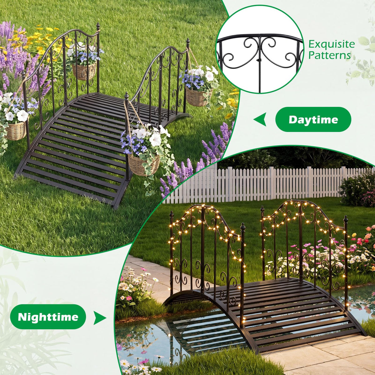 Lucktree 4 FT Metal Garden Bridge with Powder-Coated Finish & Scrollwork Rails