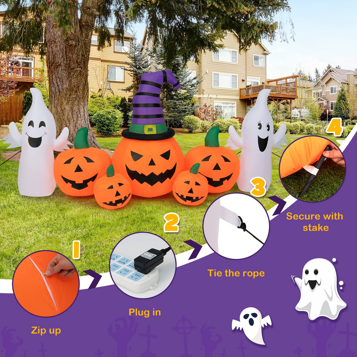 Lucktree 9 FT Halloween Inflatable Pumpkin Ghost, Spooky Lighted Holiday Decoration w/ Witch's Hat,