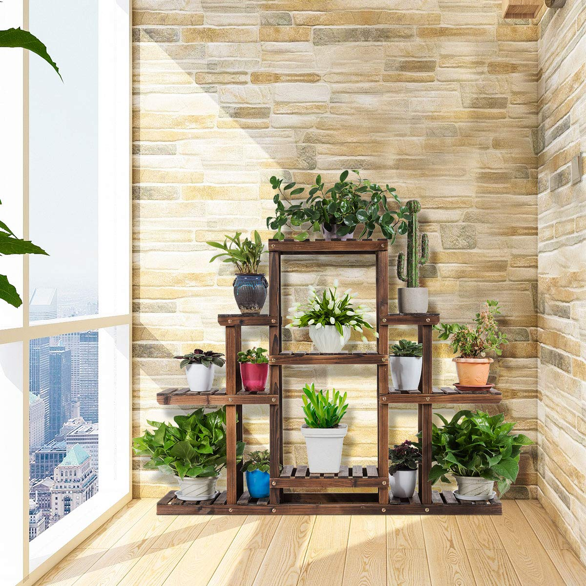 Lucktree Flower Rack Wood Plant Stand Wood Shelves Bonsai Display Shelf
