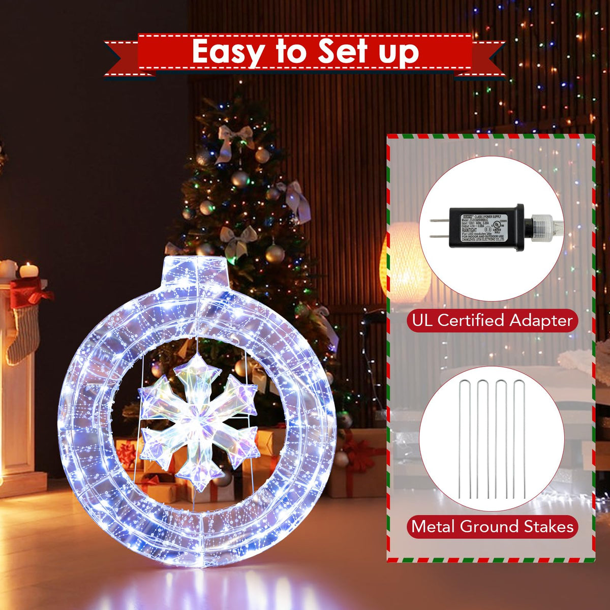 Lucktree 33” Lighted Ornament with Snowflake, Pre-Lit Christmas Wreath with 128 Cold White LED Lights