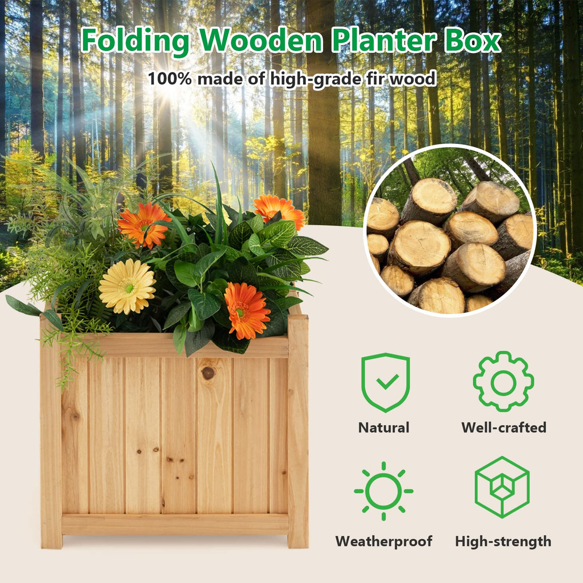 Lucktree 15” Planter Raised Garden Bed - Wooden Planting Box, Outdoor Folding Square Planter