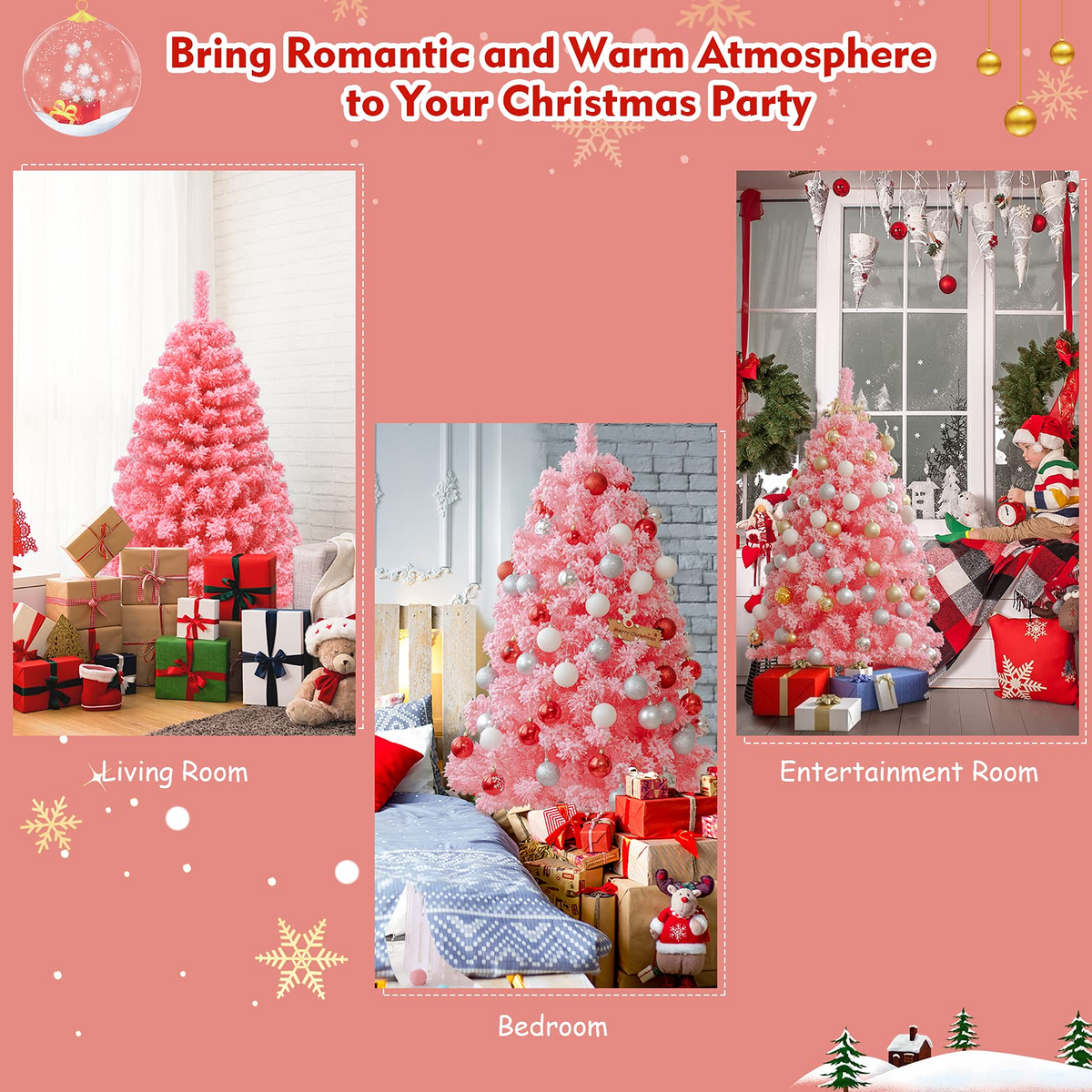 Lucktree 4.5ft Pink Artificial Christmas Tree, Unlit Hinged Snow Flocked Xmas Tree w/ 348 PVC Branch Tips & Metal Stand - LucktreeUS