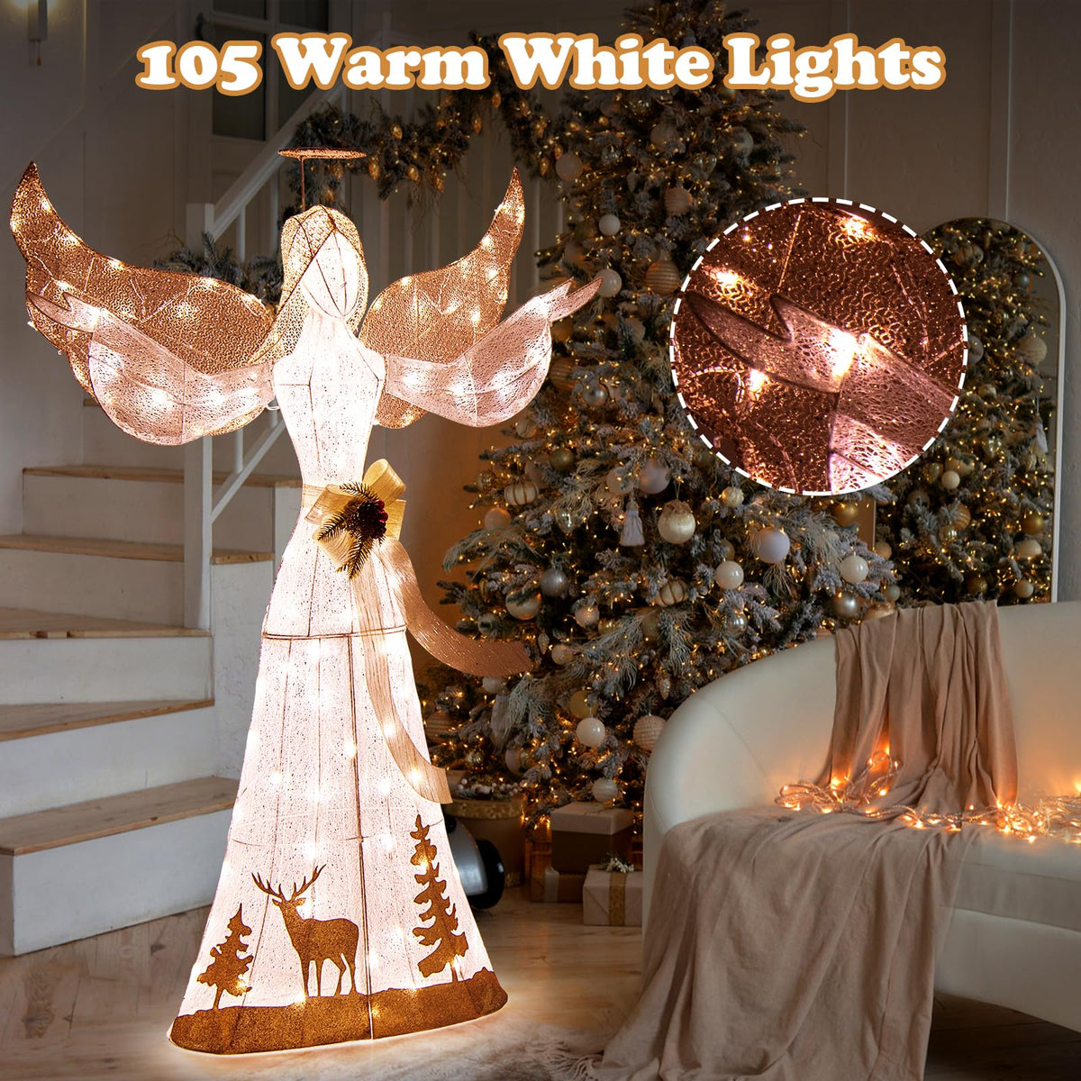 Lucktree Pre-lit 3D Glittered Angel with 100 Warm White Lights Halo Bow Ground Stakes