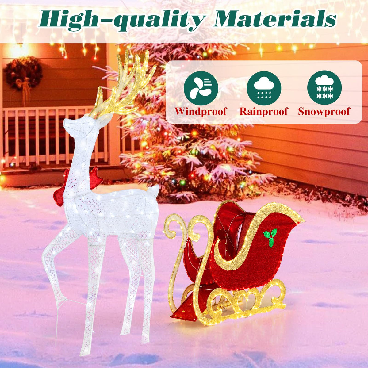 Lucktree Lighted Christmas Reindeer & Sleigh Set, Light-up Xmas Decorations with 462 LED Lights