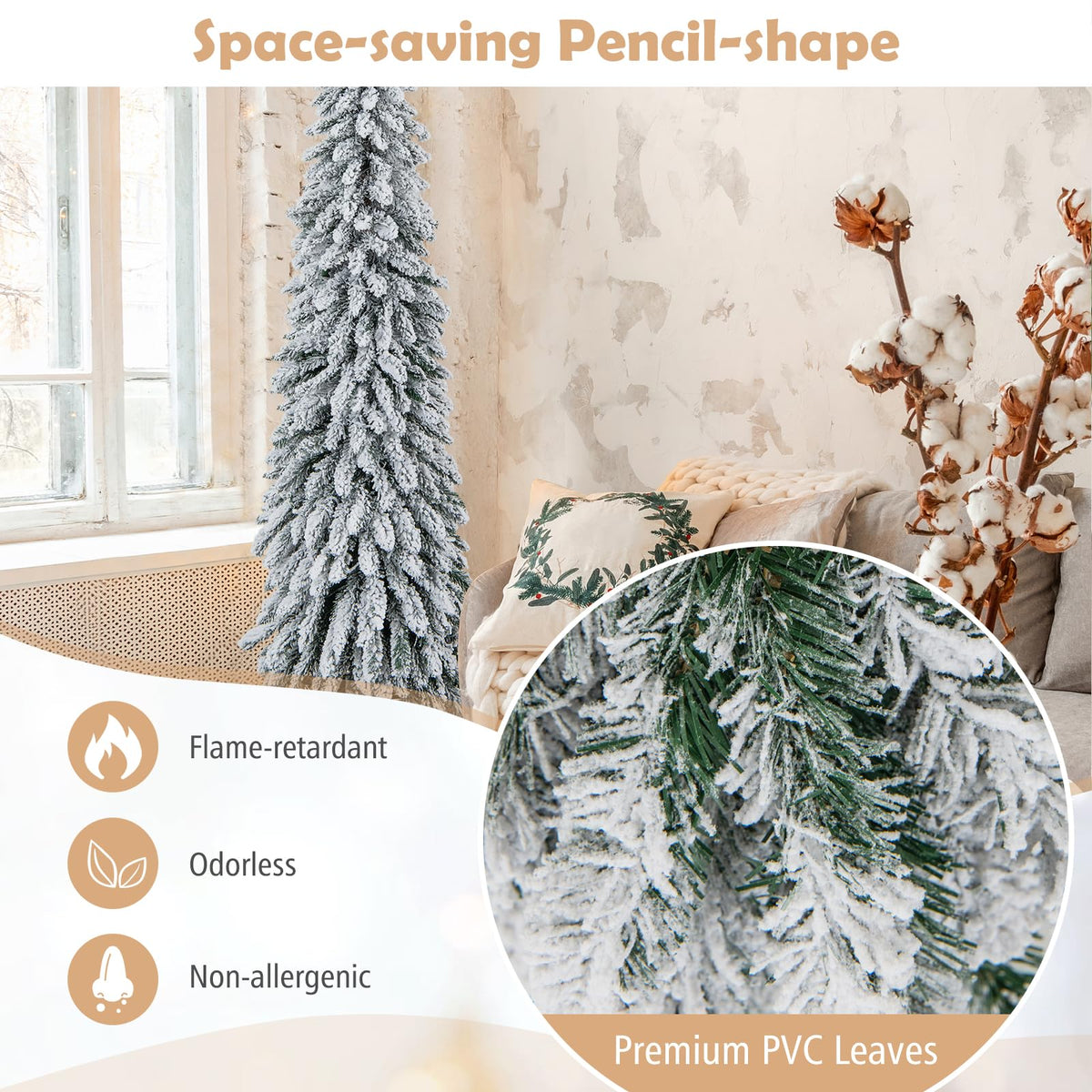 Lucktree 6ft Pre-Lit Flocked Christmas Tree, Artificial Slim Pencil Xmas Tree with 250 LED Lights