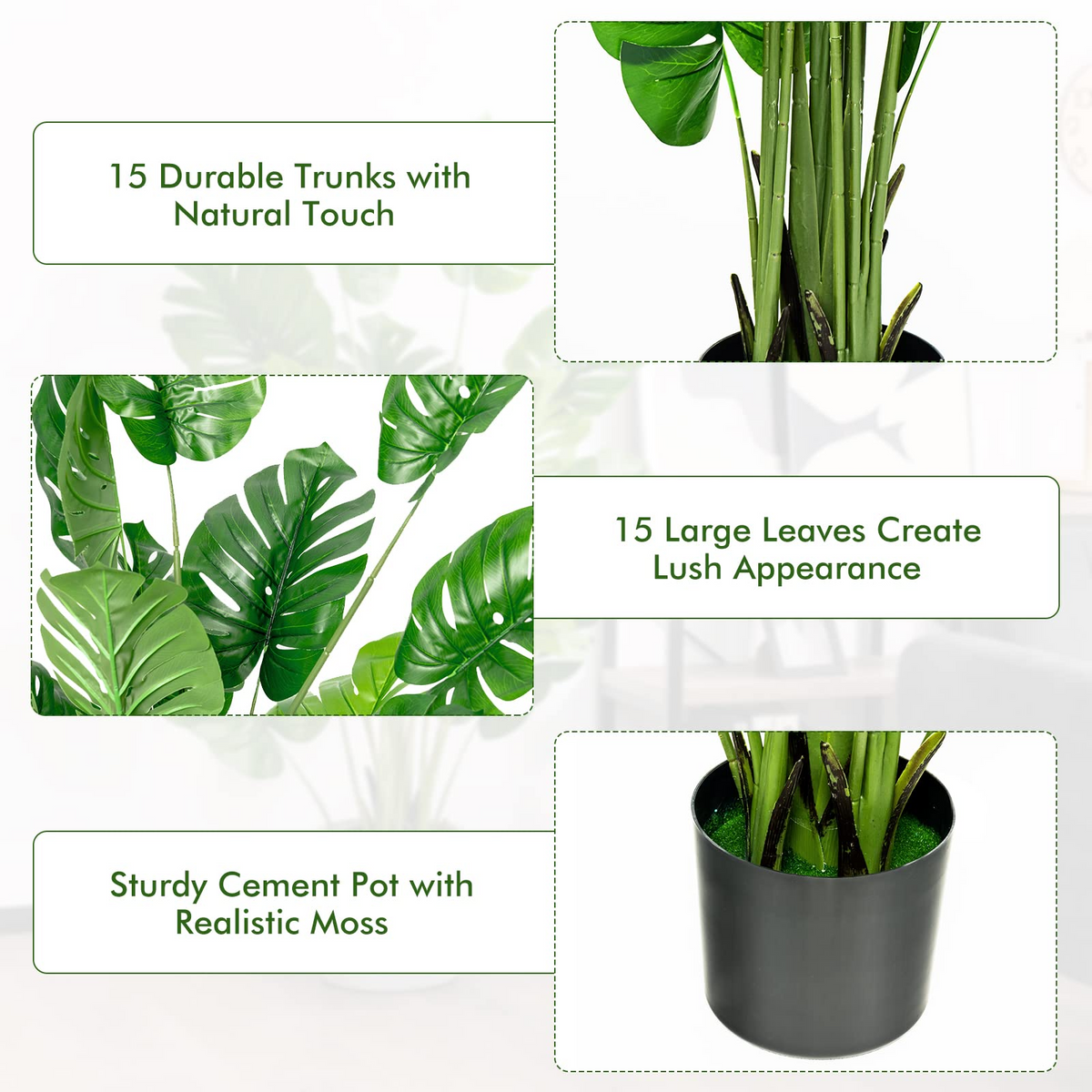 Lucktree Artificial Monstera Deliciosa Plant, 5ft Tall Fake Tropical Palm Tree w/15 Pcs Different Turtle Leaves - LucktreeUS