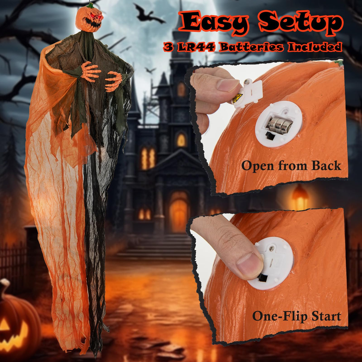 Lucktree 6 Ft Hanging Halloween Decoration, Ghost Pumpkin Man with Red LED Eyes & Posable Arms