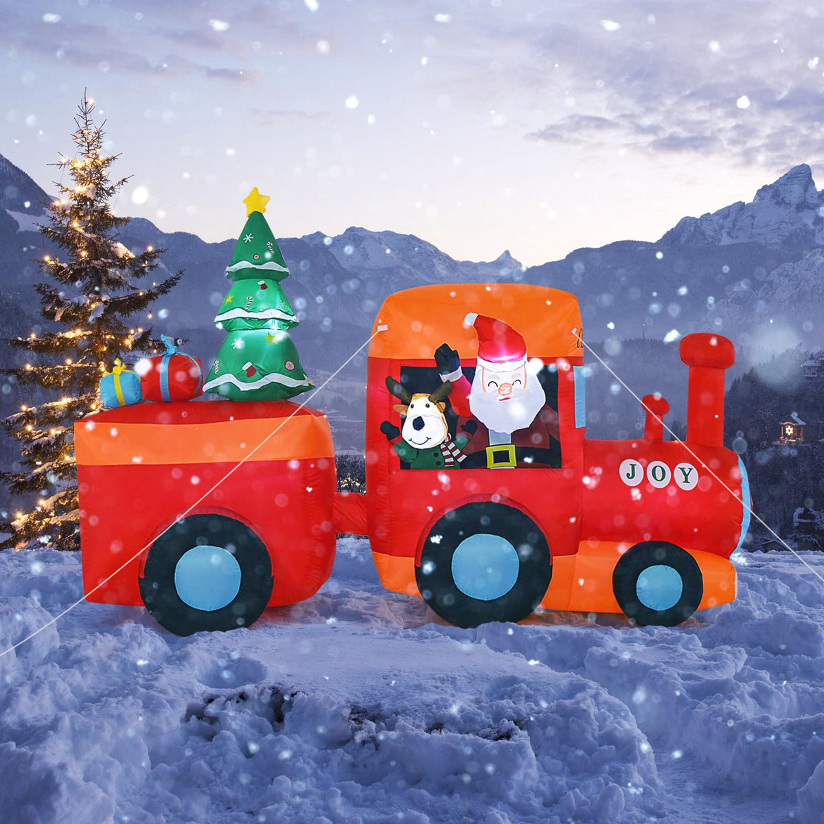 Lucktree 8.6 FT Lighted Christmas Inflatable Santa Claus on Train with Deer & Christmas Tree