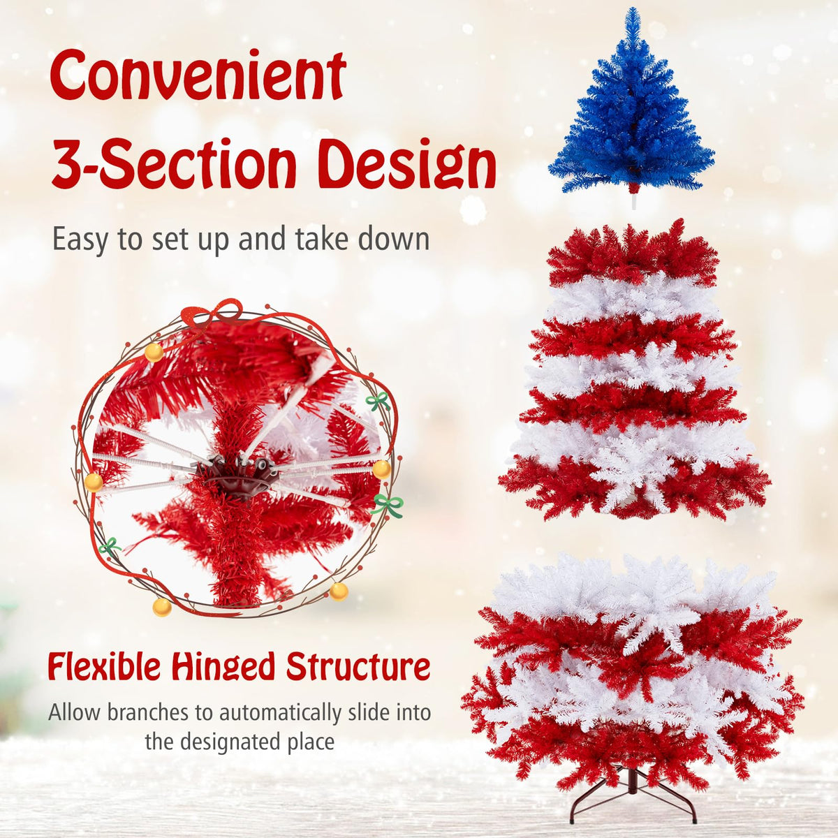 Lucktree 7.5 FT Pre-Lit Patriotic Artificial Christmas Tree, Flag-Themed Hinged Xmas Tree with 480 Warm White LED Lights