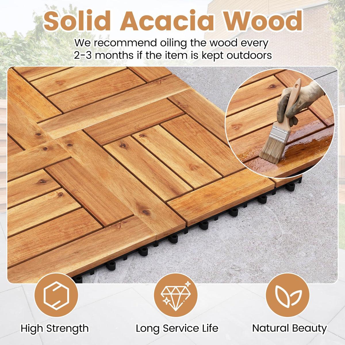 Lucktree 12" x 12" Acacia Wood Interlocking Patio Flooring Tiles with Drainage Base
