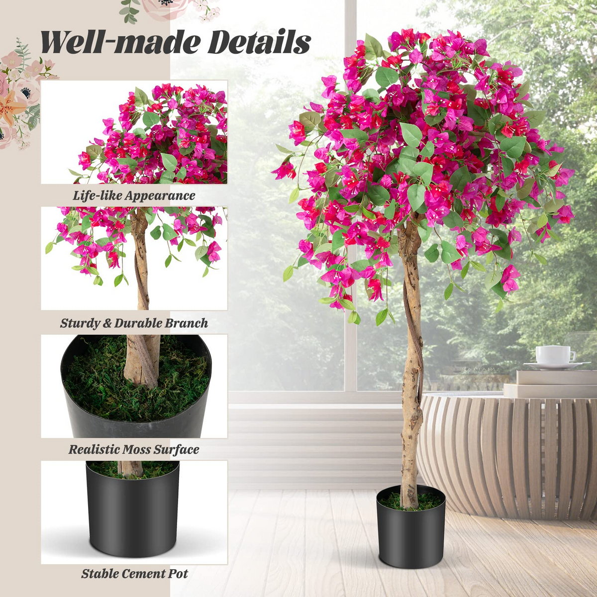Lucktree 4.5FT Bougainvillea Artificial Tree, Fake Potted Plant w/ 312 Flowers - LucktreeUS