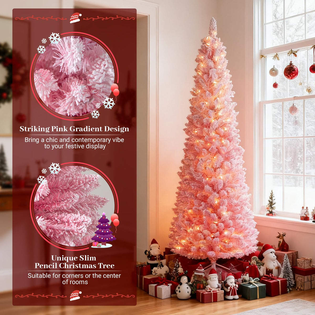 Lucktree 6ft / 7ft Pink Slim Pencil Christmas Tree | Pre-lit Snow Flocked Artificial Skinny Xmas Tree