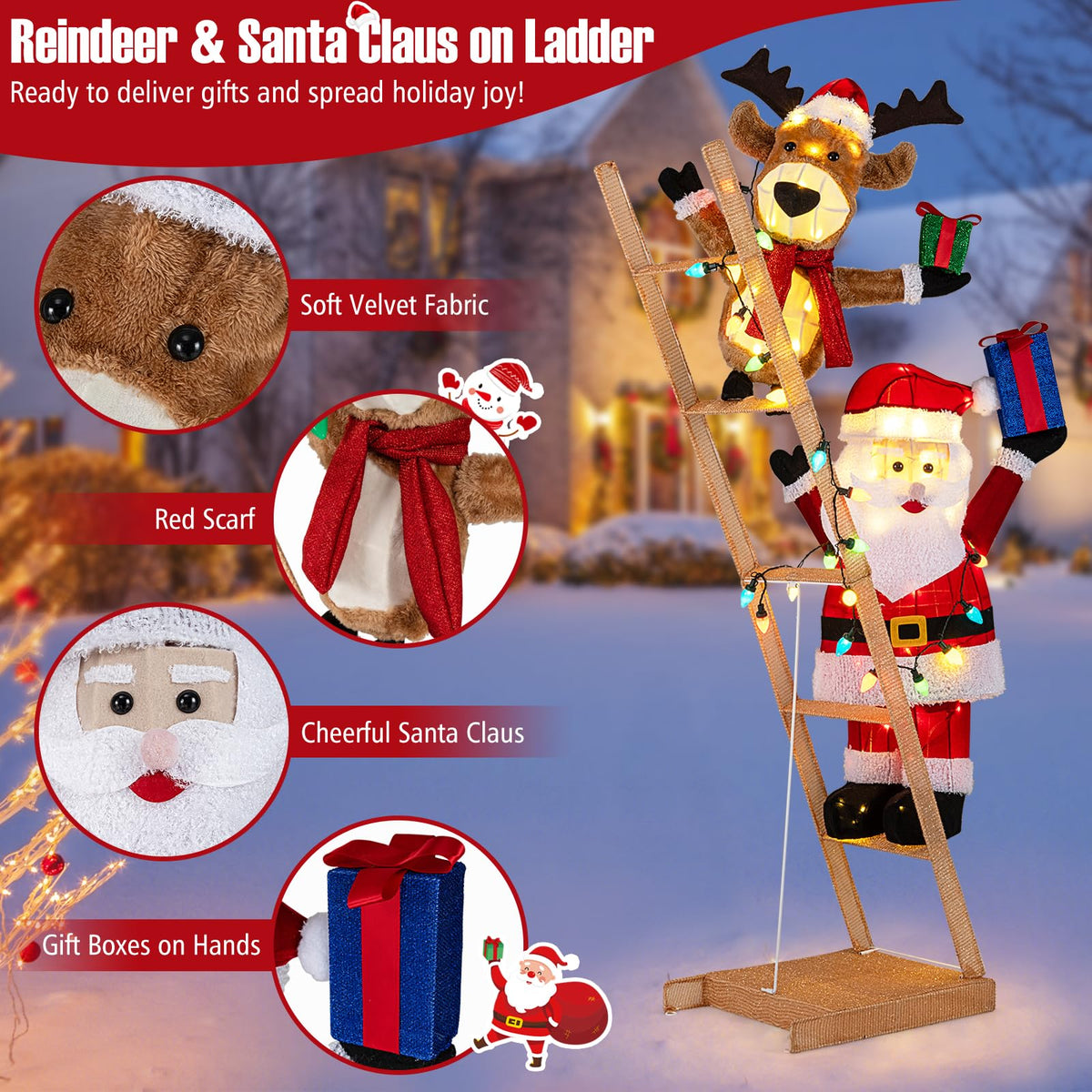 Lucktree 5.5 FT Lighted Reindeer & Santa Claus on Ladder