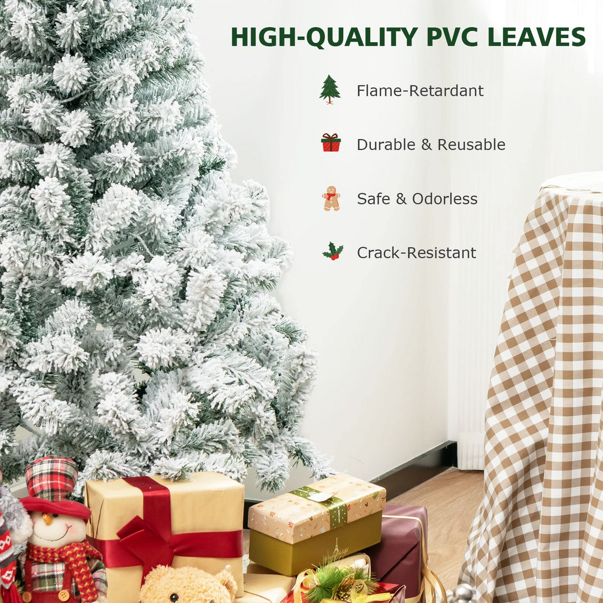 Lucktree 4.5 FT Pre-Lit Snow Flocked Christmas Tree, Artificial Hinged Xmas Tree W/ 150 LED Lights - LucktreeUS